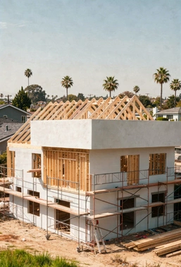 Home construction framing phase in Los Angeles residential project