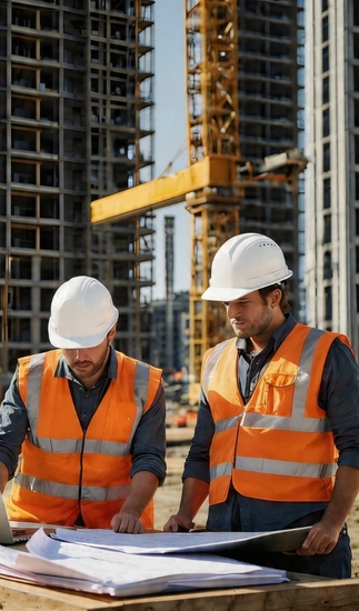 Construction professionals reviewing blueprints on commercial job site