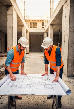 Construction team planning project with architectural blueprints