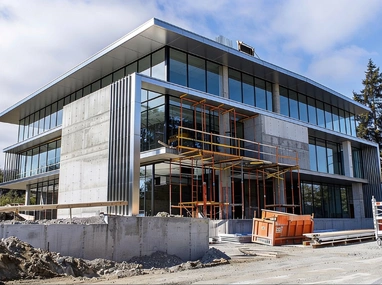 Modern commercial building construction in Los Angeles with steel framework and glass exterior