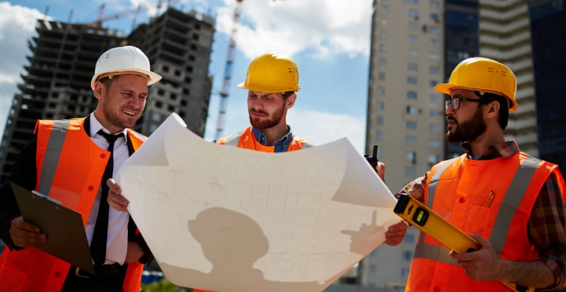 General contractor team reviewing construction plans at job site in Los Angeles