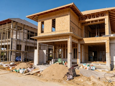 New home construction with wood framing and foundation work in Los Angeles